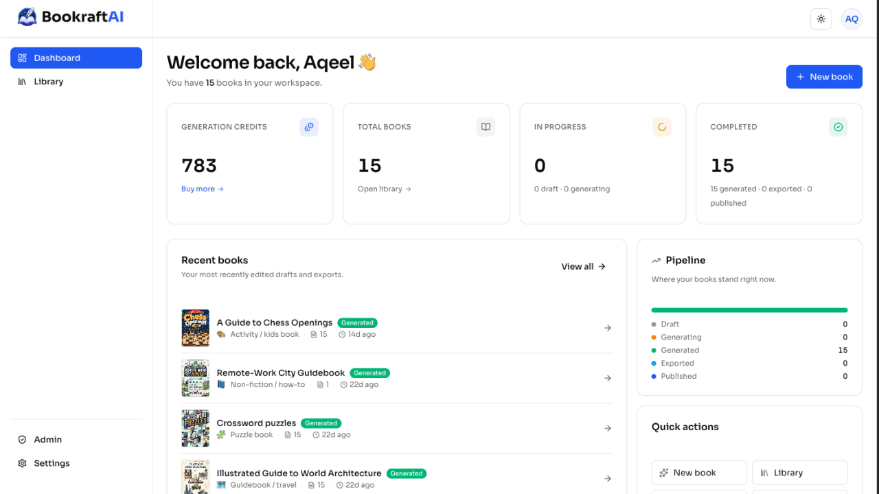 BookraftAI dashboard with credits and book counts