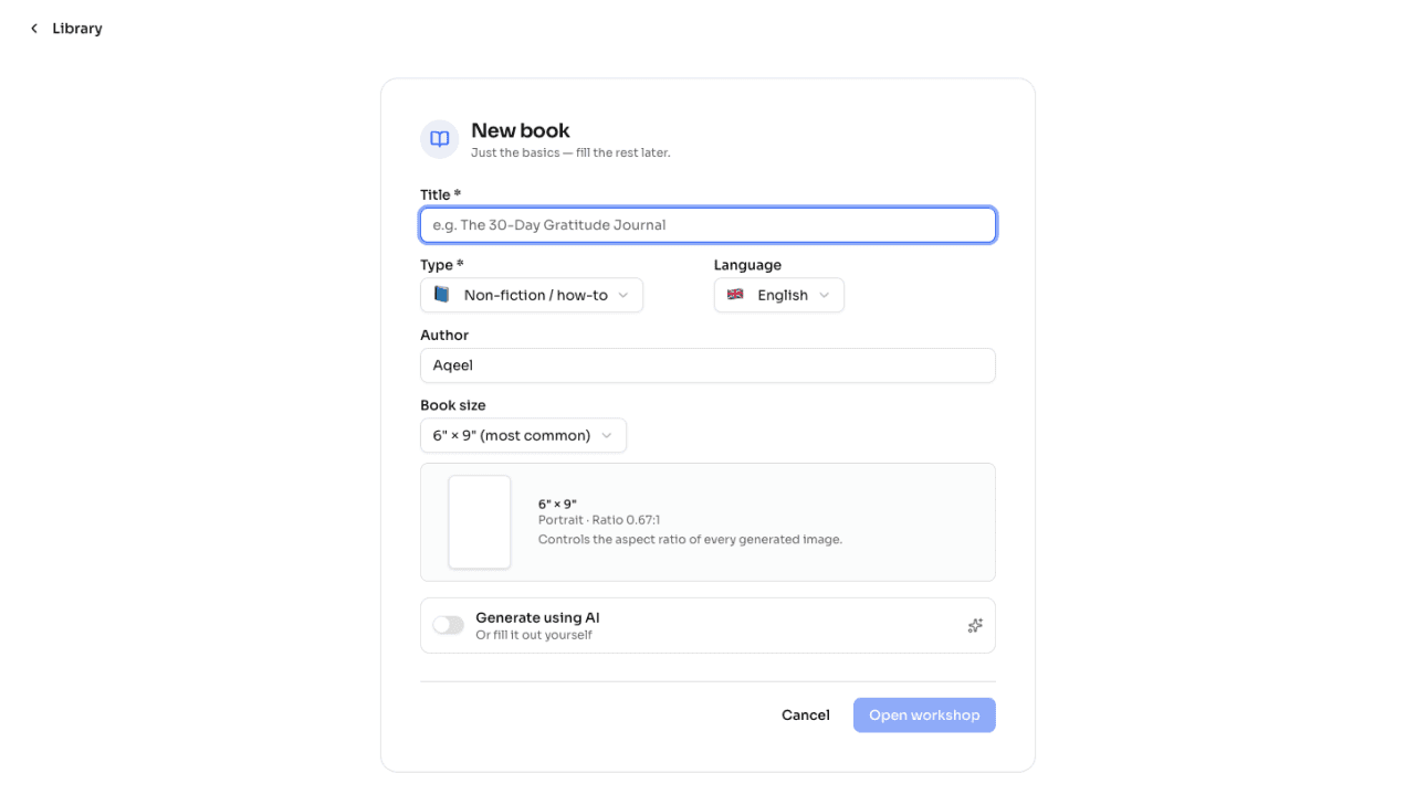 BookraftAI new book form with type, language, trim size and AI generation