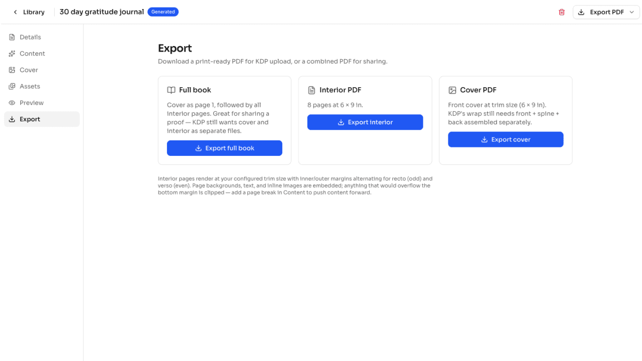 BookraftAI export options for full book, interior and cover PDFs