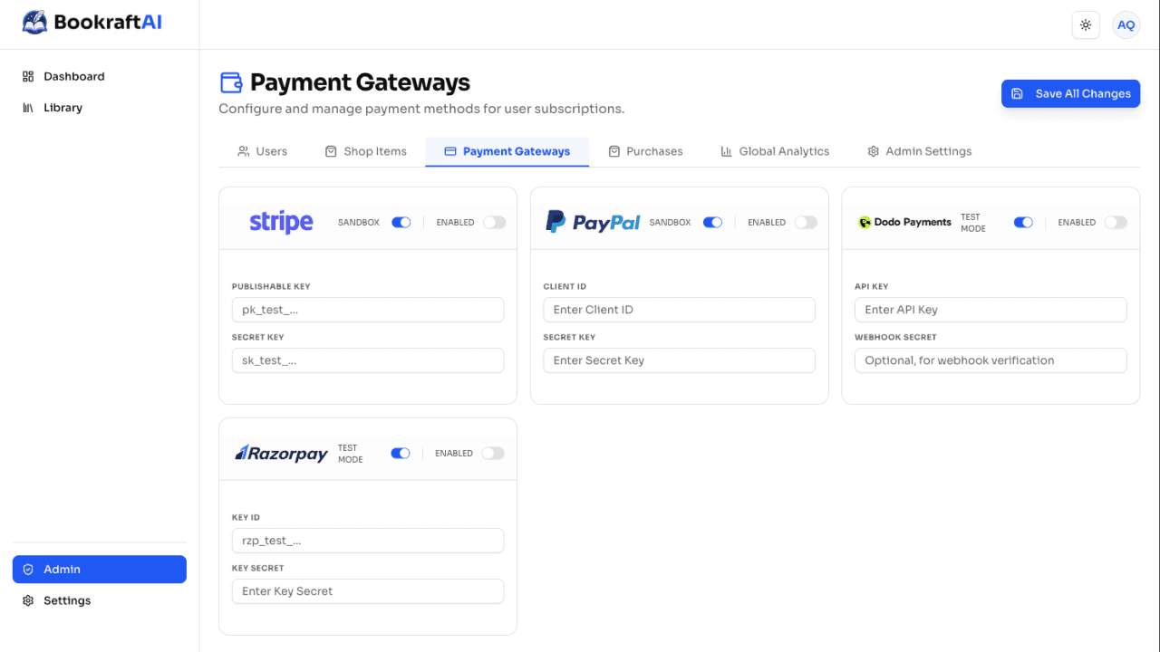 BookraftAI admin payment gateway settings