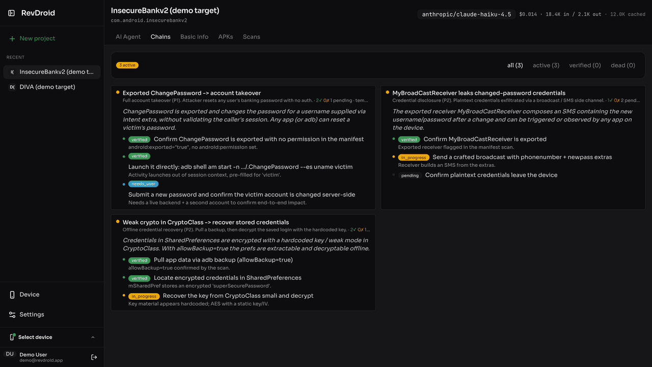RevDroid AI exploit-chain tracker with hypothesis, steps and impact