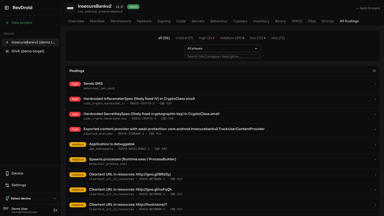 RevDroid findings list sorted by severity