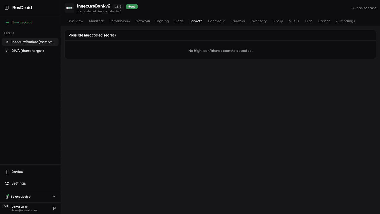 RevDroid hardcoded secrets view