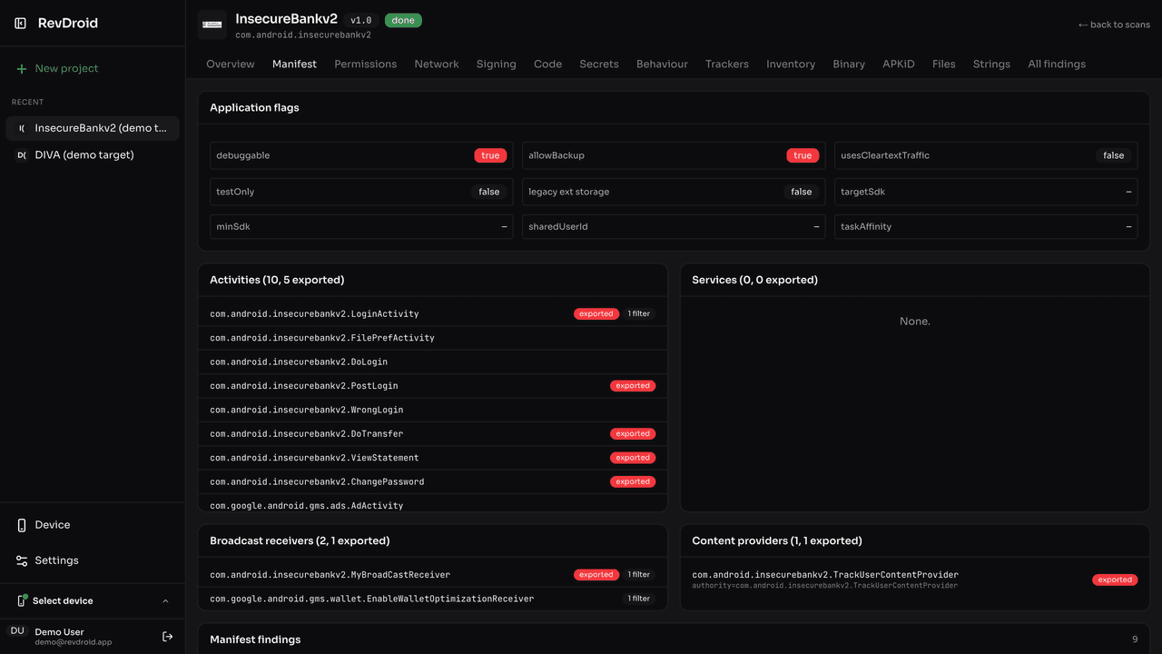 RevDroid manifest and exported components review