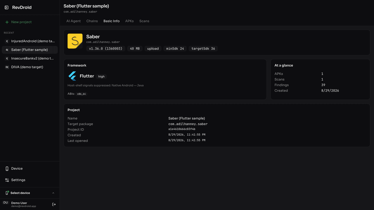 RevDroid detecting a Flutter app and its ABIs