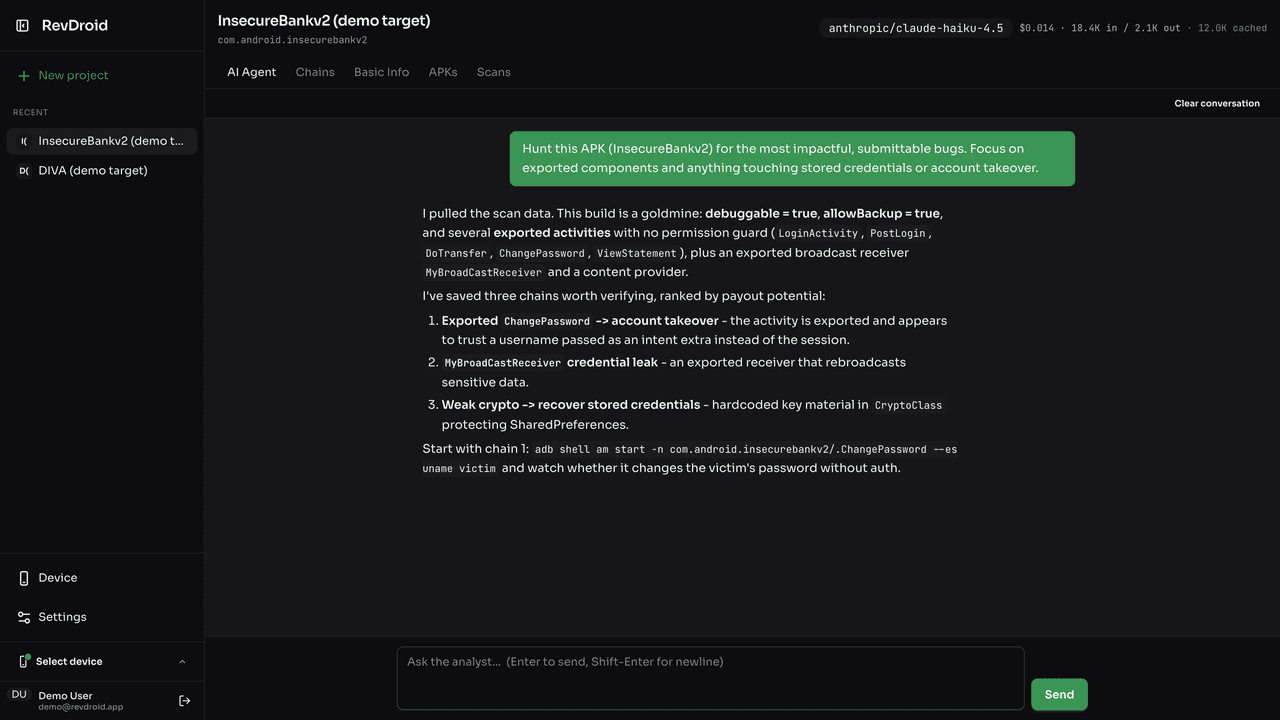 RevDroid AI chat proposing an exploit chain