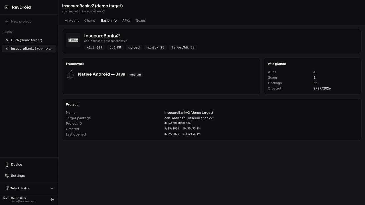 RevDroid project overview with framework, APK and scan
